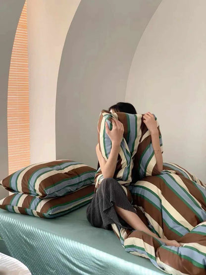 Retro Earthy Tone Stripe Queen Duvet Cover Set with Pillowcases, 100% Cotton