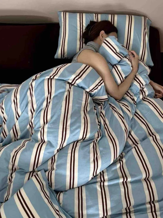 Retro Jersey Knit Blue Stripe Queen Bedding Set with Pillowcases & Fitted Sheet