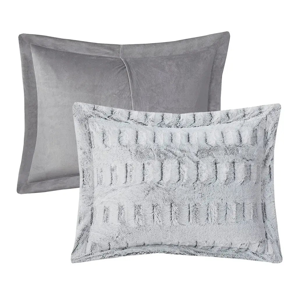 Grey Faux Fur Comforter Set Full Queen Back Print Long Fur Comforter