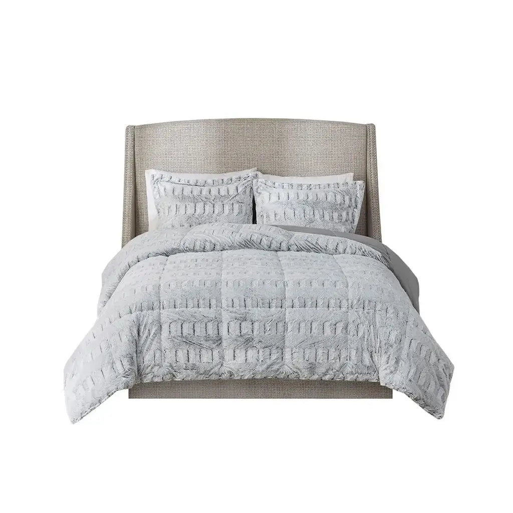 Grey Faux Fur Comforter Set Full Queen Back Print Long Fur Comforter