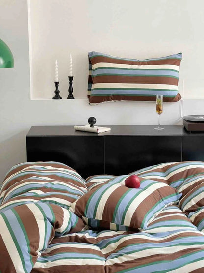 Retro Earthy Tone Stripe Queen Duvet Cover Set with Pillowcases, 100% Cotton