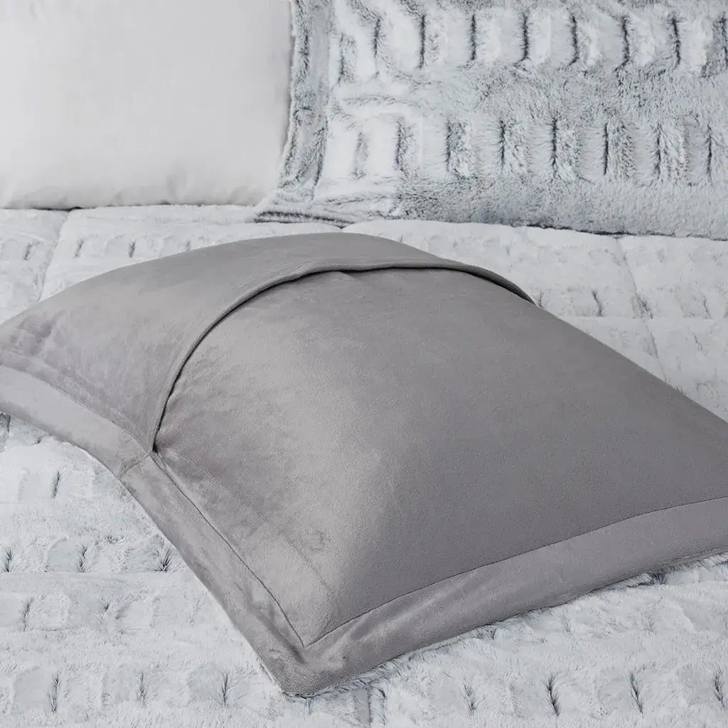 Grey Faux Fur Comforter Set Full Queen Back Print Long Fur Comforter