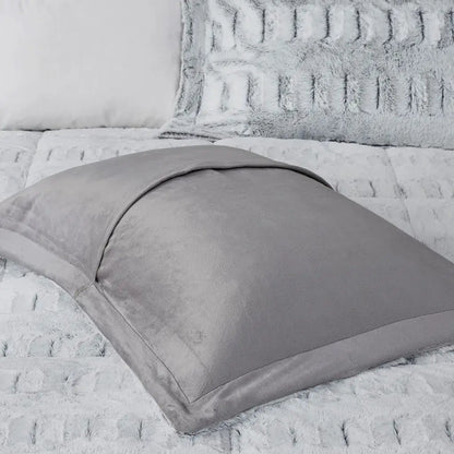Grey Faux Fur Comforter Set Full Queen Back Print Long Fur Comforter