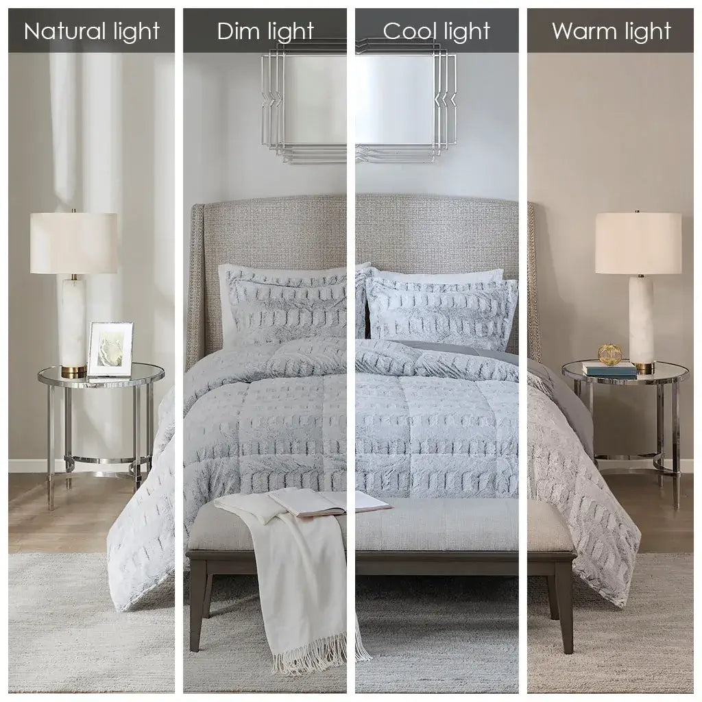 Grey Faux Fur Comforter Set Full Queen Back Print Long Fur Comforter